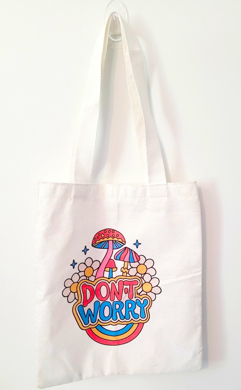 White Medium Tote Bag Floral Mushroom “Don’t Worry” Print 15x14x8 in